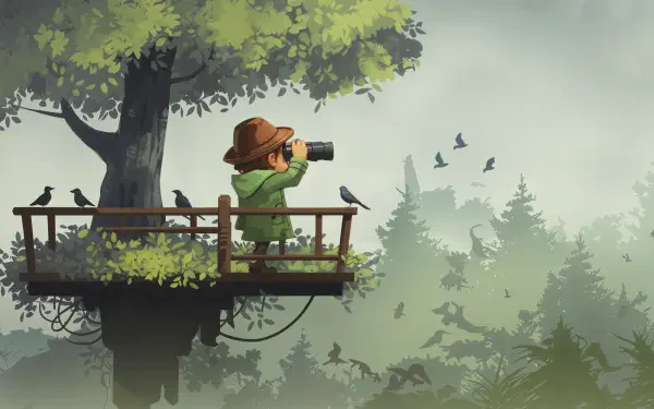 A serene scene of a birdwatcher in a treehouse, binoculars in hand, surrounded by lush greenery and flying birds, captured in vibrant 4K Ultra HD.