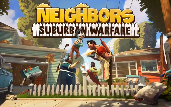 HD wallpaper featuring Neighbors: Suburban Warfare, showcasing colorful characters engaged in playful chaos in a vibrant suburban setting with classic houses and a white picket fence.