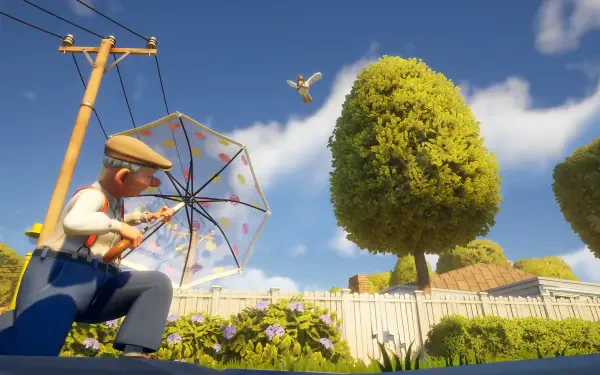 A colorful 4K Ultra HD scene from the video game Neighbors: Suburban Warfare, featuring a character with an umbrella, sitting in a vibrant garden under a clear blue sky.