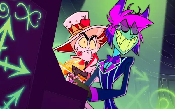An HD wallpaper featuring characters Alastor and Lucifer from the TV show Hazbin Hotel, showcasing their vibrant designs and dynamic poses against a colorful background.