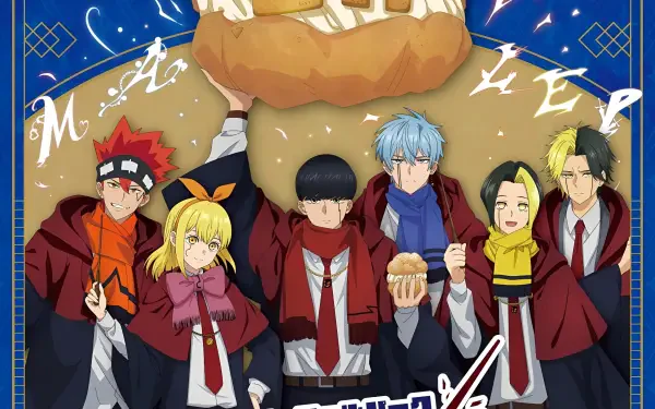 HD PC desktop wallpaper featuring characters from the anime Mashle: Magic and Muscles, showcasing a vibrant group pose with a magical blue background.