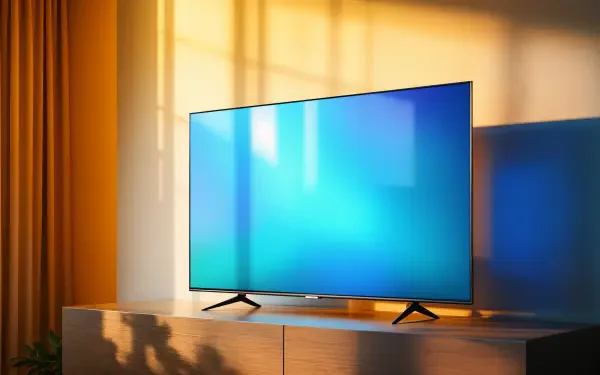 A modern television sits atop a sleek wooden cabinet, illuminated by soft natural light, showcasing a vibrant 4K Ultra HD background with calming blue hues.
