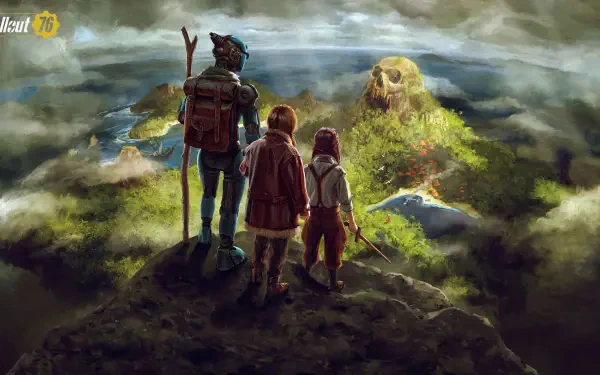 A stunning HD desktop wallpaper from Fallout 76, featuring a trio of adventurers gazing over a lush, post-apocalyptic landscape with an ominous skull-like mountain in the distance.
