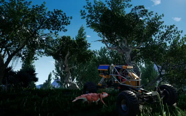 HD PC desktop wallpaper from the video game Satisfactory, featuring a detailed off-road vehicle and lush forest environment under a clear blue sky.