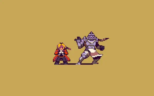 Pixel art HD desktop wallpaper featuring anime characters Edward Elric and Alphonse Elric from Fullmetal Alchemist against a plain background.