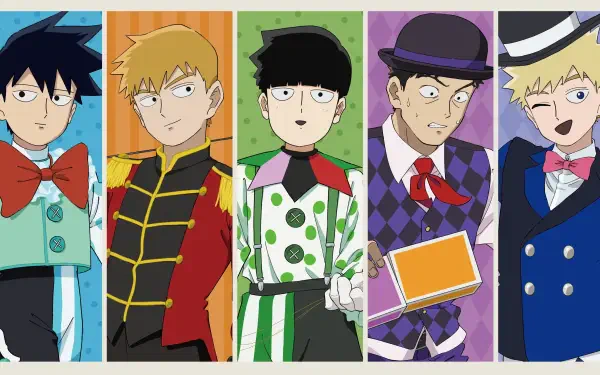 Anime Mob Psycho 100 4K Ultra HD PC desktop wallpaper and background showing five characters in colorful vertical panels, center protagonist in green polka-dot outfit.