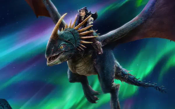 A dragon rider from the movie How to Train Your Dragon soars through the night sky with vibrant northern lights in this 4K Ultra HD desktop wallpaper.