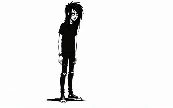 Emo-style black and white illustration of a slender figure with messy hair and ripped jeans, designed as a 4K Ultra HD PC desktop wallpaper and background.