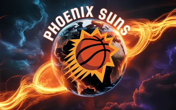A fiery Phoenix Suns logo encircles a glowing Earth against a cosmic background, rendered in stunning 4K Ultra HD for a PC desktop wallpaper.