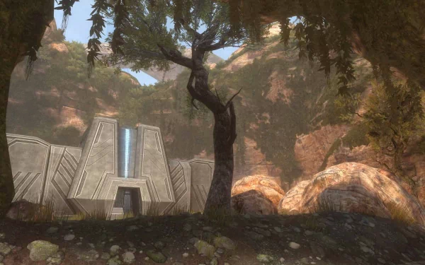 HD PC desktop wallpaper from Halo: Combat Evolved Anniversary featuring a scenic outdoor environment with trees, rocks, and a futuristic structure in the background.