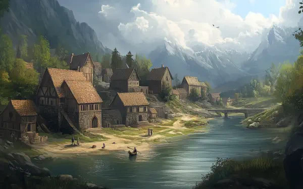 HD desktop wallpaper depicting a serene medieval village by a river, nestled at the base of towering mountains under a partly cloudy sky.