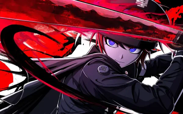 HD PC desktop wallpaper featuring a red-themed anime boy from the video game The Hundred Line - Last Defense Academy, showcasing intense eyes and dynamic motion.