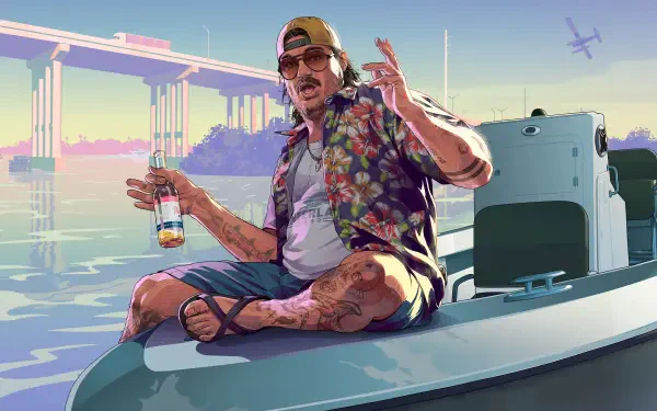4K Ultra HD PC wallpaper/background for the video game Grand Theft Auto VI: sunlit waterfront with a mustachioed man in a floral shirt and cap sipping beer aboard a boat, skyline and bridge.
