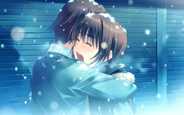 Anime-style HD desktop wallpaper from White Album 2, featuring a tender embrace between a couple in a snowy, softly lit setting.