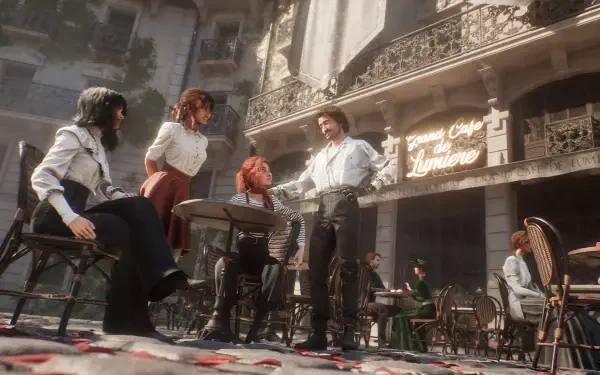 4K Ultra HD wallpaper from the video game Clair Obscur: Expedition 33, featuring characters gathered at an outdoor restaurant in a sunlit urban setting.