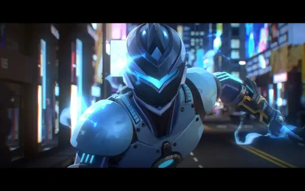 HD PC desktop wallpaper featuring a dynamic armored character from the anime To Be Hero X in a neon-lit urban night setting.