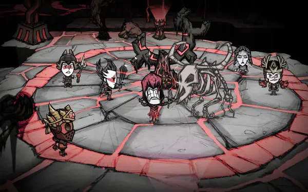 HD desktop wallpaper featuring characters and creatures from the video game Don't Starve Together in a dark, eerie setting with a glowing circular platform.