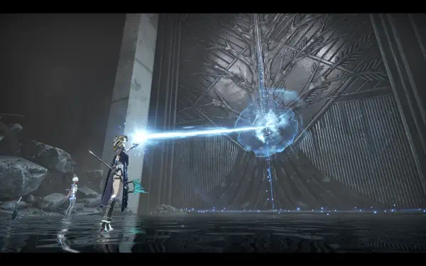 HD PC desktop wallpaper from the video game AI LIMIT, showing a futuristic figure emitting a glowing energy beam toward a large, intricate mechanical structure.