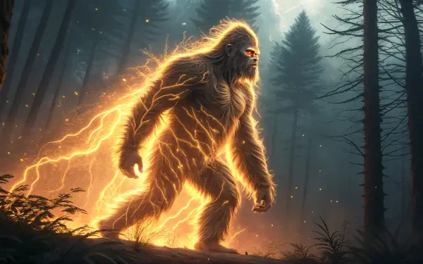 4K Ultra HD PC desktop wallpaper of a glowing, electrified Bigfoot walking through a dark, misty forest.