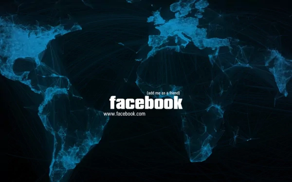 A blue-themed HD wallpaper featuring a digital map of the world with facebook prominently displayed, representing internet technology and social connectivity.