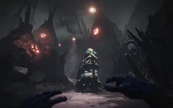 POV from the video game The Midnight Walk showing a dark, eerie forest path with glowing eyes and a mysterious creature in 4K Ultra HD resolution.