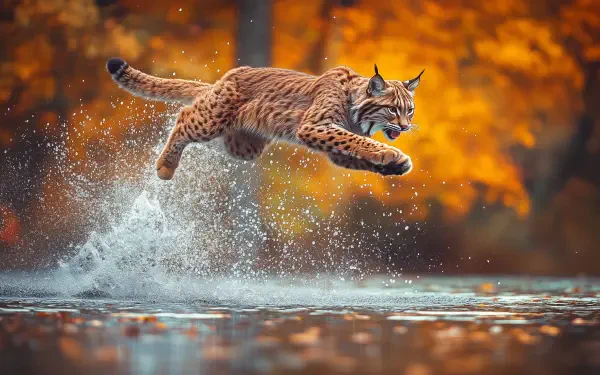 A lynx captured mid-jump over water in vibrant autumn wilderness, showcasing dynamic wildlife hunting action in this HD desktop wallpaper.