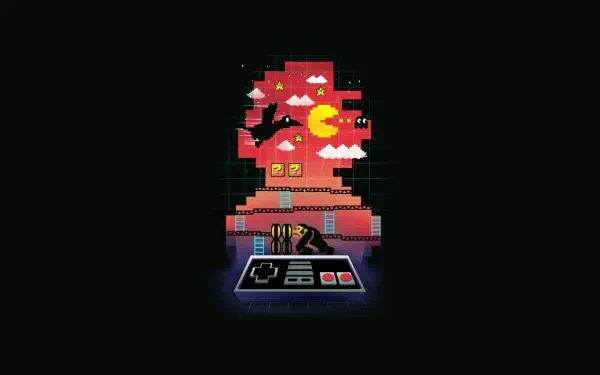 HD PC desktop wallpaper featuring retro gaming icon Super Mario built from pixelated elements and a classic video game controller against a black background.