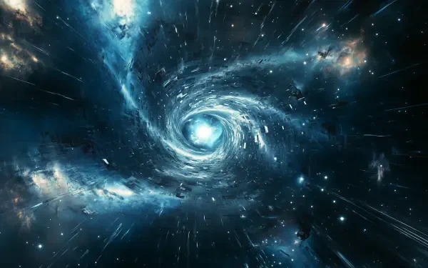 HD PC desktop wallpaper featuring a glowing light portal swirling in deep space, surrounded by stars and cosmic clouds.