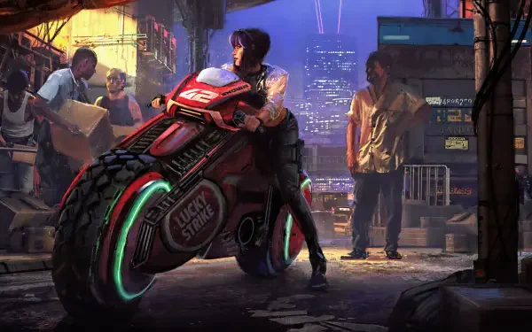 Anime-style 4K Ultra HD wallpaper featuring a futuristic motorcycle and a character inspired by Ghost in the Shell in a cyberpunk cityscape at night.