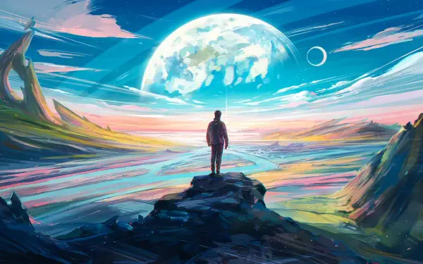 Artistic sci-fi HD desktop wallpaper of a lone figure standing on a rocky path, overlooking an alien planet with vibrant colors and distant moons in the sky.