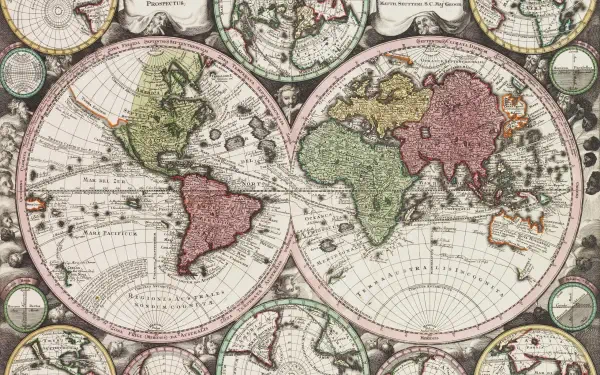 HD PC desktop wallpaper featuring a detailed vintage world map with two main hemispheres and surrounding smaller circular maps in an antique style.