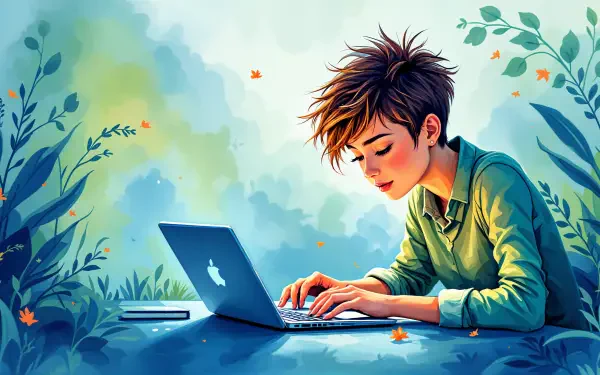 Digital art of a focused coder typing on a laptop, surrounded by nature, rendered in vibrant colors as a 4K Ultra HD PC desktop wallpaper and background.