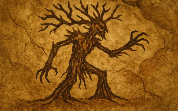 4K Ultra HD PC desktop wallpaper featuring an ancient, textured treant figure etched into a stone-like surface, blending nature and fantasy elements.