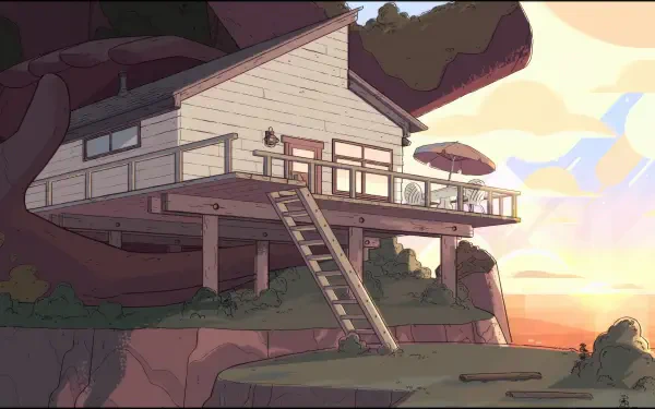A 4K Ultra HD desktop wallpaper featuring the tree house from the TV show Steven Universe Future, set against a serene sunset backdrop.
