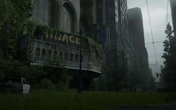 HD PC desktop wallpaper showcasing urban decay in a post-apocalyptic city from the video game The Last of Us Part II.