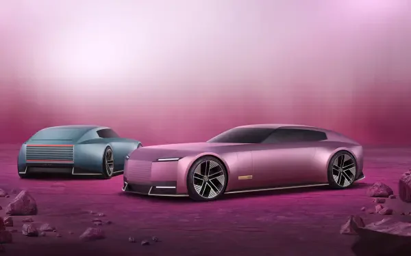 A sleek pink Jaguar Type 00 and a blue car set against a futuristic pink background, rendered in 4K Ultra HD for a PC desktop wallpaper.