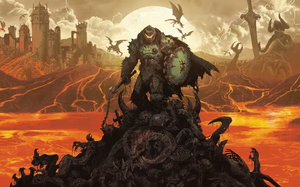 4K Ultra HD gaming art wallpaper of DOOM: The Dark Ages, featuring a heavily armored Doom Slayer standing atop a pile of defeated enemies against a fiery volcanic battlefield.