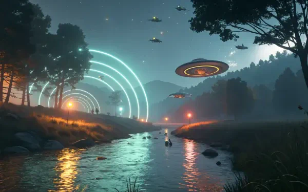 4K Ultra HD PC desktop wallpaper of a glowing stream at night with trees, illuminated circular light patterns, and hovering futuristic drones in a misty forest.