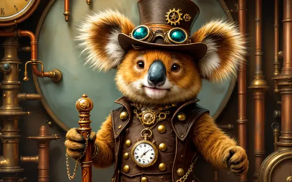 A steampunk koala wearing goggles and a top hat, with a clock and mechanical background in 4K Ultra HD PC desktop wallpaper quality.