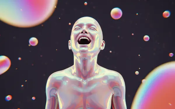 A 4K Ultra HD PC desktop wallpaper featuring a futuristic, iridescent figure laughing joyfully amidst floating, glowing bubbles on a dark background.
