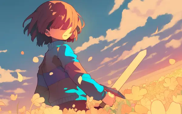 4K Ultra HD desktop wallpaper featuring Frisk from the video game Undertale, holding a sword against a vibrant sunset sky with scattered flower petals.