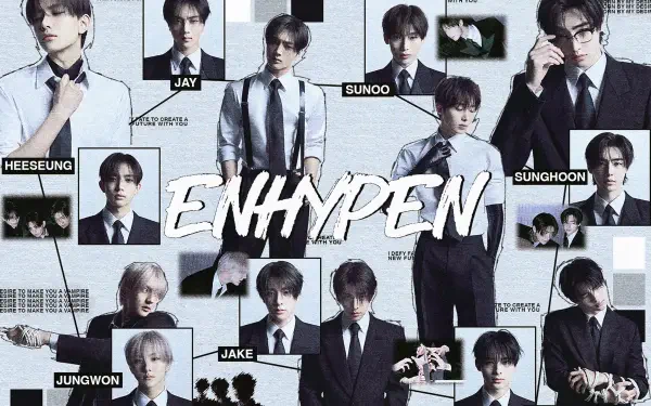 HD PC desktop wallpaper featuring the music group ENHYPEN, showcasing all members in stylish black and white suits with their names labeled.