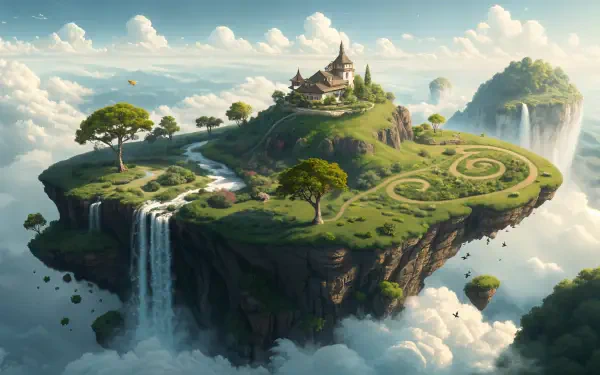A 4K Ultra HD PC desktop wallpaper featuring a vibrant flying island with waterfalls, lush greenery, winding paths, and a castle above the clouds.