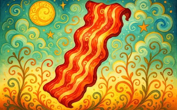 Vibrant 4K Ultra HD desktop wallpaper featuring a whimsical, swirling background with a large strip of bacon at the center, surrounded by stars and a glowing sun.