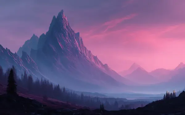 4K Ultra HD PC desktop wallpaper featuring a sharp mountain peak at dawn, bathed in soft pink and purple hues with misty valleys below.