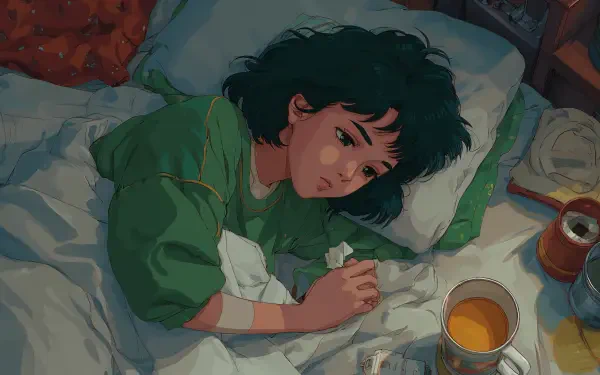 A 4K Ultra HD digital artwork of a woman lying in bed, looking sick and resting with tissues and a cup of tea nearby, captured as a PC desktop wallpaper background.
