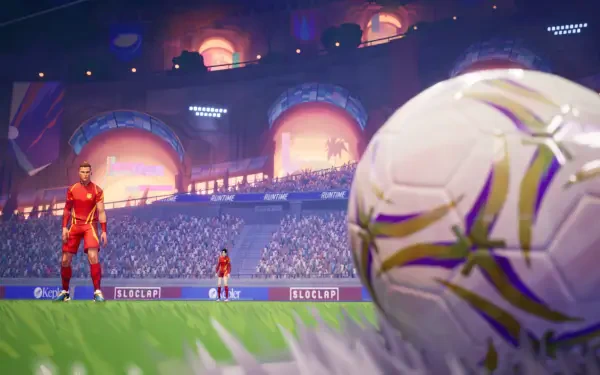 HD PC desktop wallpaper featuring a close-up of a soccer ball on a stadium field, showcasing vibrant lighting and the video game theme REMATCH.