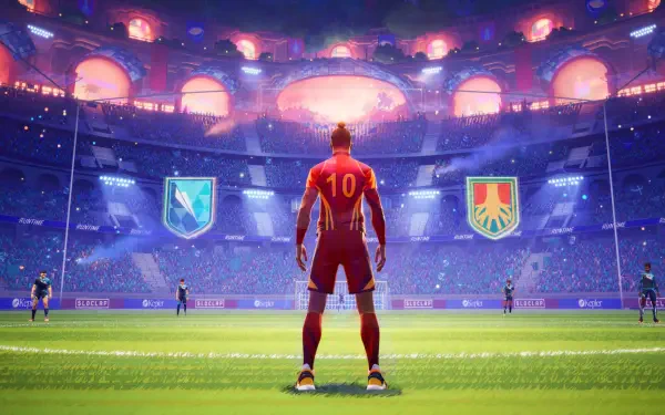 HD PC desktop wallpaper of a video game scene featuring a player in a red jersey standing in a vibrant stadium, with glowing team crests and REMATCH atmosphere.