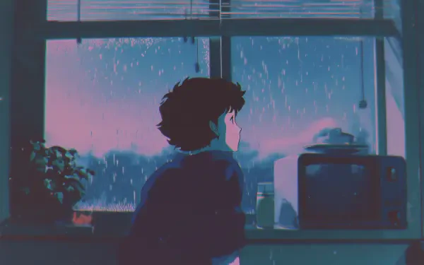 HD retro anime wallpaper of an anime boy gazing out a rain-streaked window, capturing chill lofi vibes and rainy weather in an aesthetic desktop background.