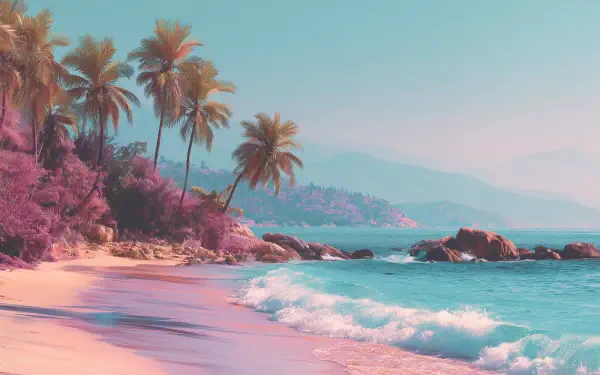 HD landscape painting of a serene beach vacation scene with palm trees, ocean waves, and soft summer vibes, designed as a PC desktop wallpaper and background.